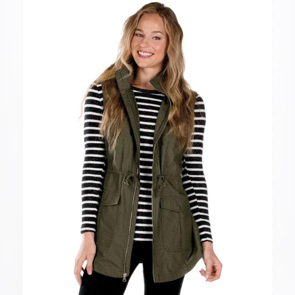 Iris utility olive drawstring zipper vest